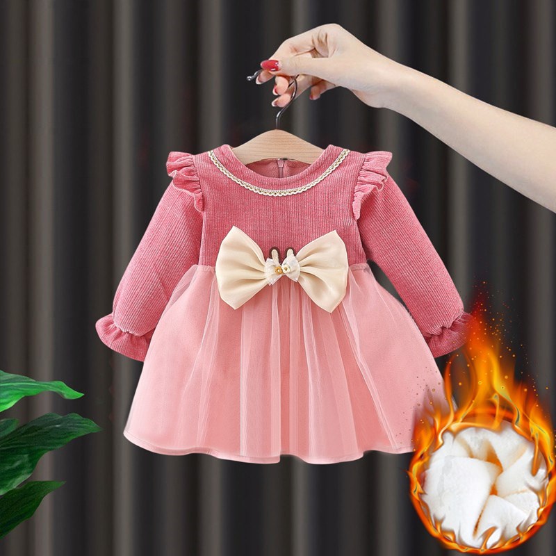 女童冬装加绒连衣裙2023新款宝宝一周岁礼服生日宴洋气公主裙秋冬