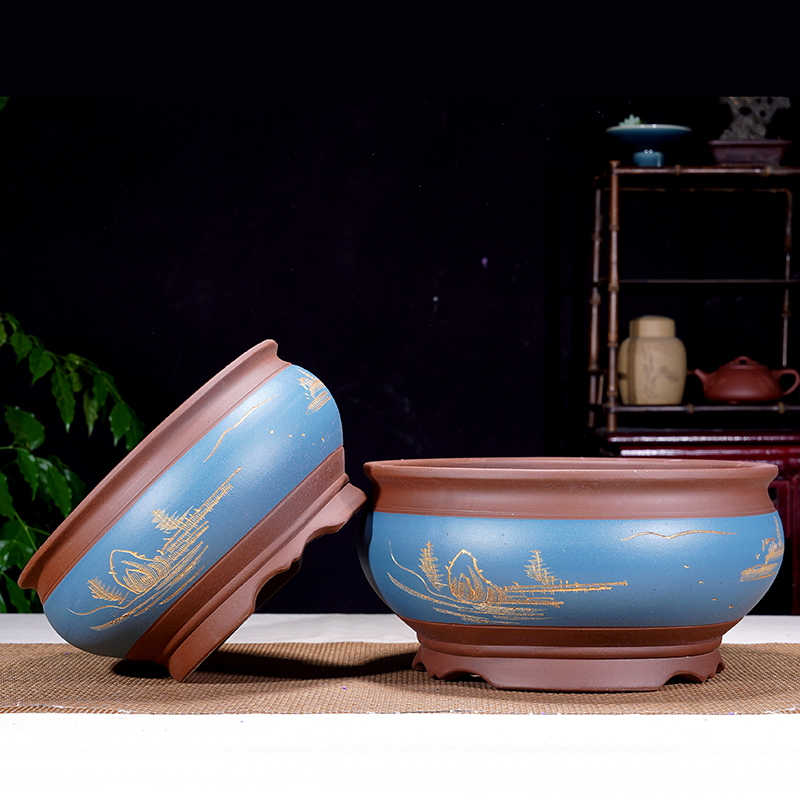 紫砂花盆圆形梅花盆景盆老桩造景花盆梅花榕树花卉 长方盆景 专用