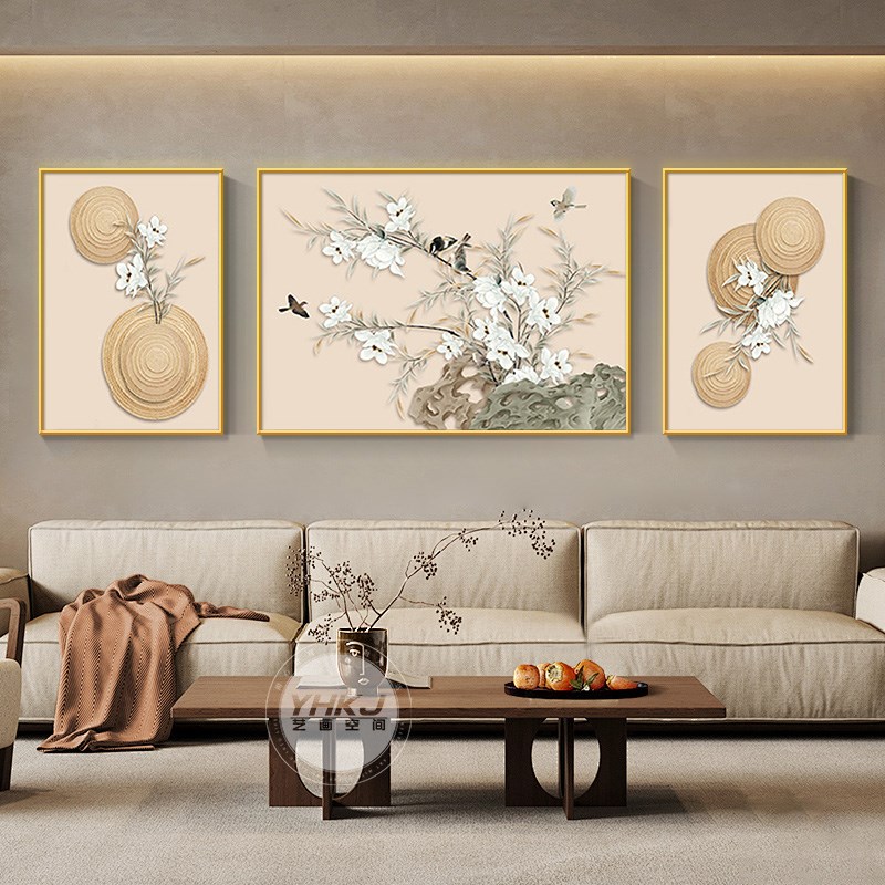 喜上眉梢客厅三联挂画新中式禅意花鸟装饰画O茶室沙发后面背景壁图片