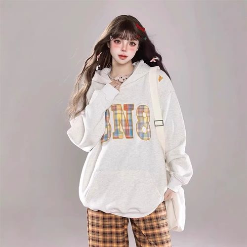 cuwu美式复古格子贴布刺绣加绒连帽卫衣女秋冬宽松U慵懒风情侣帽