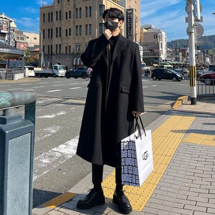冬季新款毛呢大衣男中p长款过膝无羊绒韩版宽松落肩呢子风衣男外