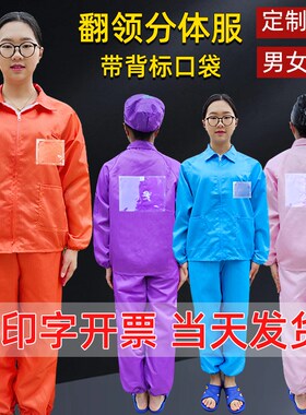 无尘服分体带背标背贴透明袋上衣无帽白紫色无尘车间工作服静电服