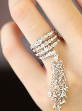 新款2021潮微镶奢华闪 锆石钻麦穗流苏开口银戒指关节连体尾戒女