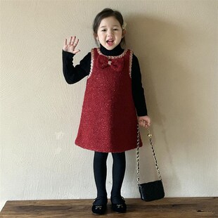 女童毛呢夹棉背心裙2025新春冬装儿童拜年服旗袍裙子女宝宝公主裙