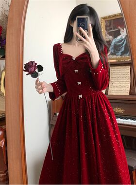 大码秋冬新款结婚订婚圣诞酒红色晚礼服女高级感新娘服法式连衣裙