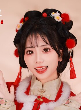 汉服发饰女童可爱毛球发夹流苏红色古风头饰宝宝对夹毛绒冬季新款