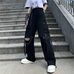 裤子女2024夏季bf风多口袋高腰破洞宽松阔腿可调节束脚飘带工装裤