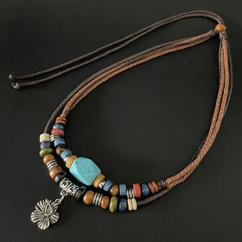 项链女夏小众设计感绿松石多层锁骨链民族风复古装饰女生棉麻配饰