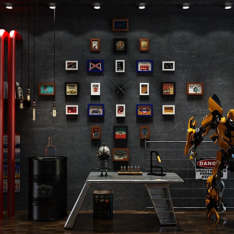 工业风复古墙面h装饰套装 多图案相框钟表组合 儿童房照片墙组合