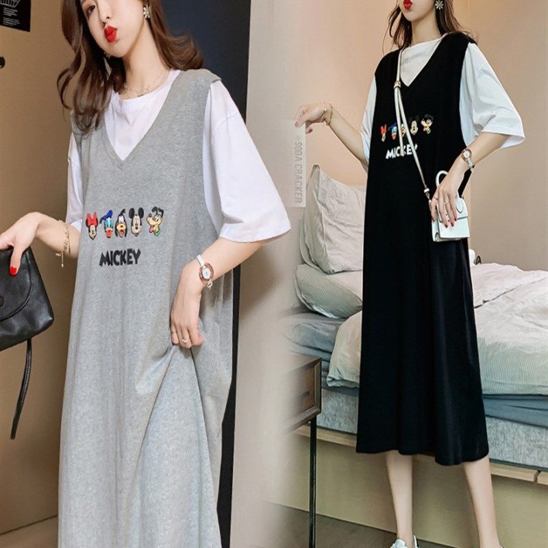大码孕妇连衣裙夏装胖mm纯棉假两件洋气显瘦长裙子t恤裙潮妈200斤