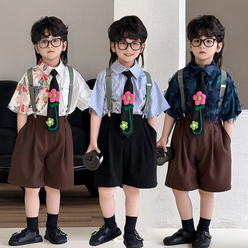 男童礼服夏季短袖衬衫英伦帅气背带裤生日西装儿童主持走秀演出服