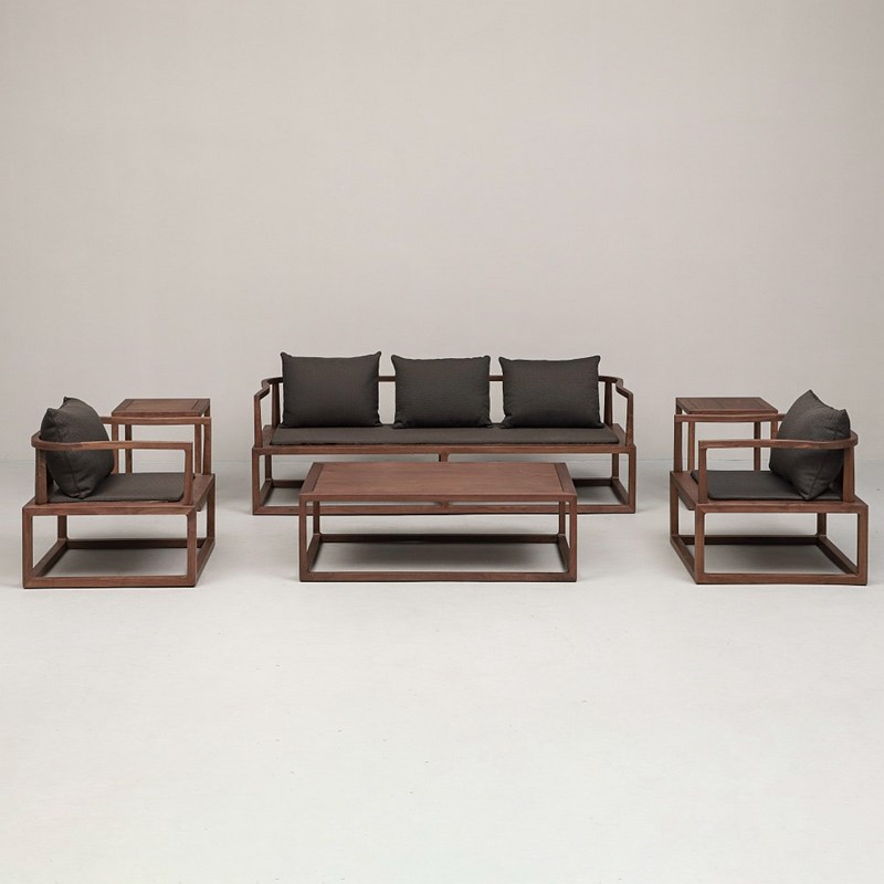 新中式北美黑胡桃木沙发 实木禅意办公室布艺客厅123组合别墅家具