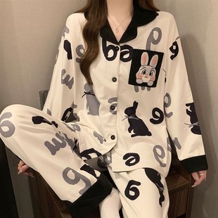 睡衣女德绒秋冬季可爱韩版宽x松长袖女士睡衣加厚卡通家居服套装