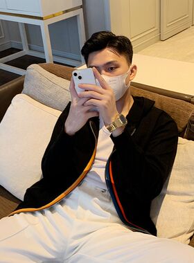 韩版简约轻熟休j闲黑色外套带帽毛衣男小众设计条纹撞色针织开衫
