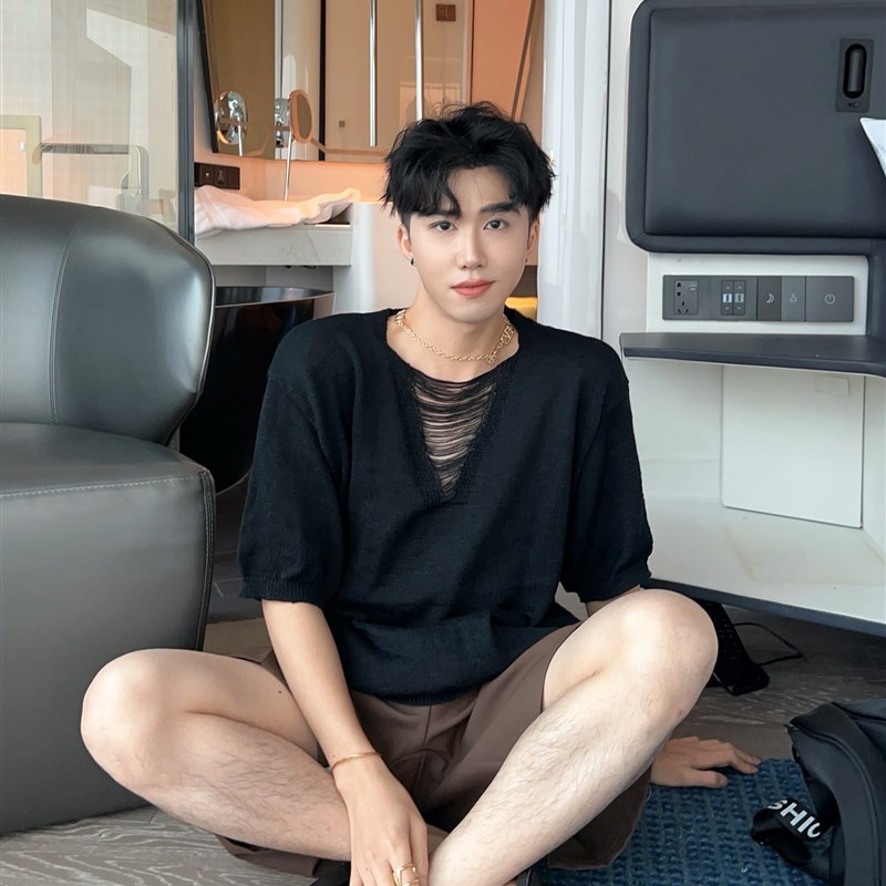 陈大富镂空拉丝深V领短袖T恤男夏季宽松慵懒风纯色打底半袖针织衫