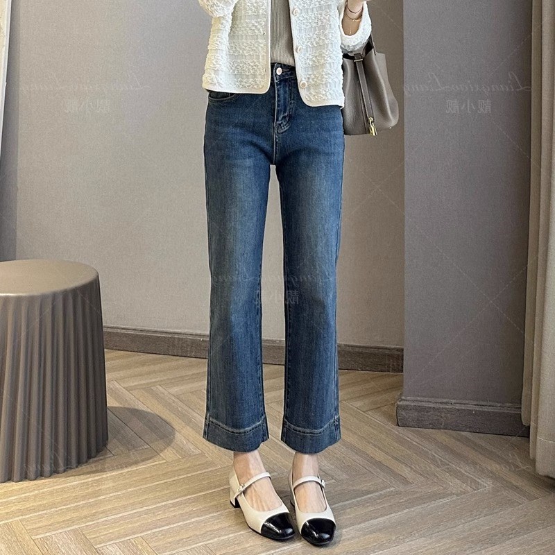 复古高腰直筒牛仔裤女秋季胖妹妹mm宽松显瘦梨形身材阔腿九分裤子
