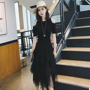 套装女春2021新款韩版港风针织短袖网纱半身裙时尚漏肩套装两件套