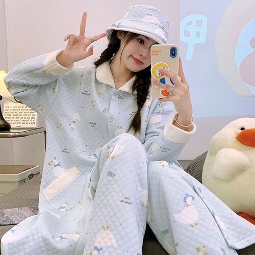 带帽子长款月子裙秋冬季纯棉空气棉睡裙产后哺乳进U产房待产裙套