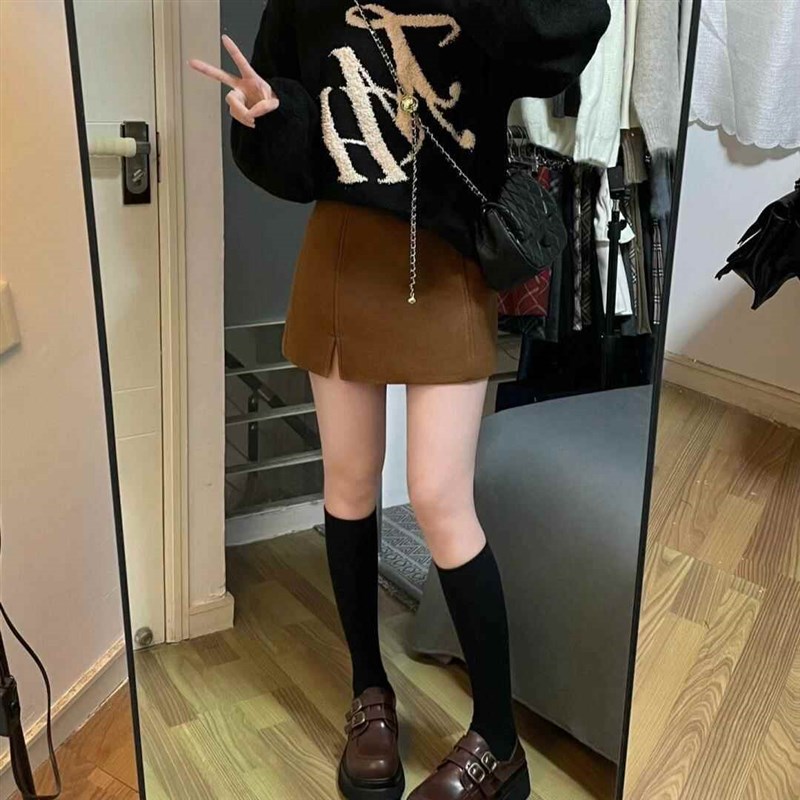 大码胖mm毛呢高腰开叉半身裙女z遮胯防走光a字裙裤小个子显瘦短裙