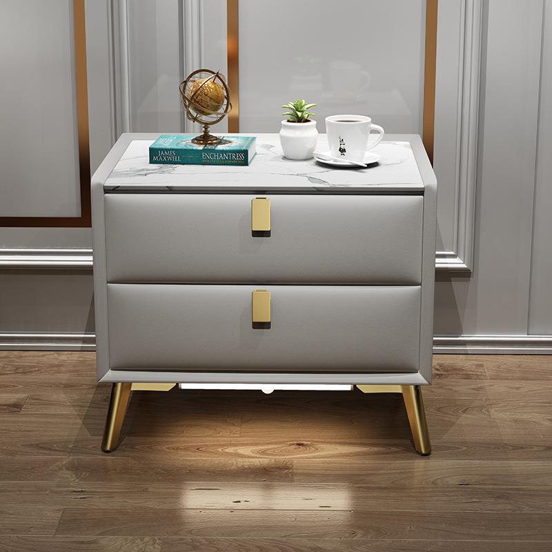 轻奢简约床头柜现代全实木卧室收纳储物柜智能充电带锁皮质床边柜