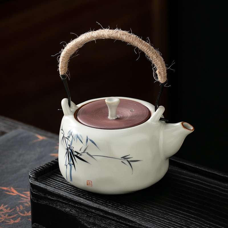 米黄汝窑茶壶家用大号提梁壶茶具陶瓷单壶手绘青花瓷泡茶器煮茶壶
