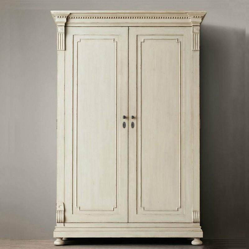 美式乡村实木衣柜双开门仿古复古白色做旧橡木对开门双门衣橱卧室