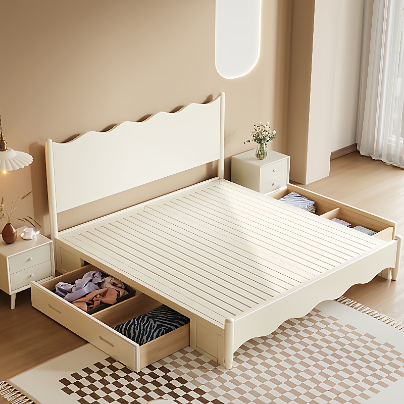 奶油风白色全实木床现代简约1.8m双人床1.5单人床1.2卧室带储物床