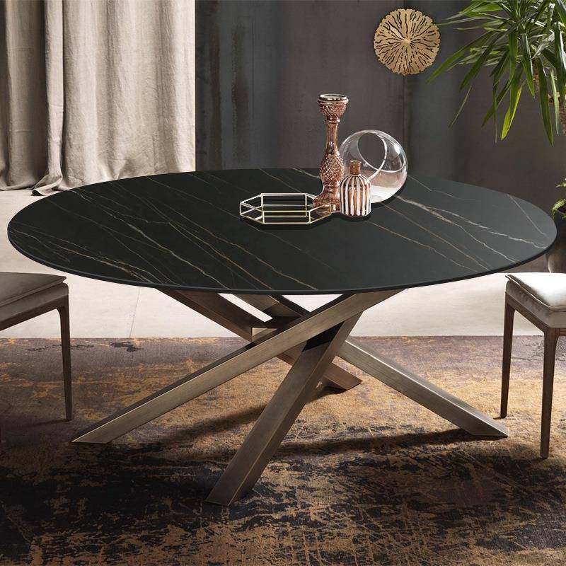 意式轻奢岩板圆桌简约现代家用古铜色餐桌椅组合创意转盘圆形餐桌