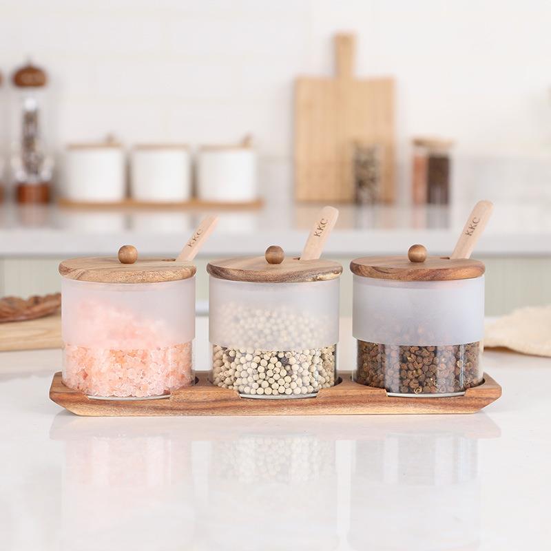 轻奢玻璃调味瓶罐三件套木制盐罐调味盒厨房用品糖罐调味罐套装