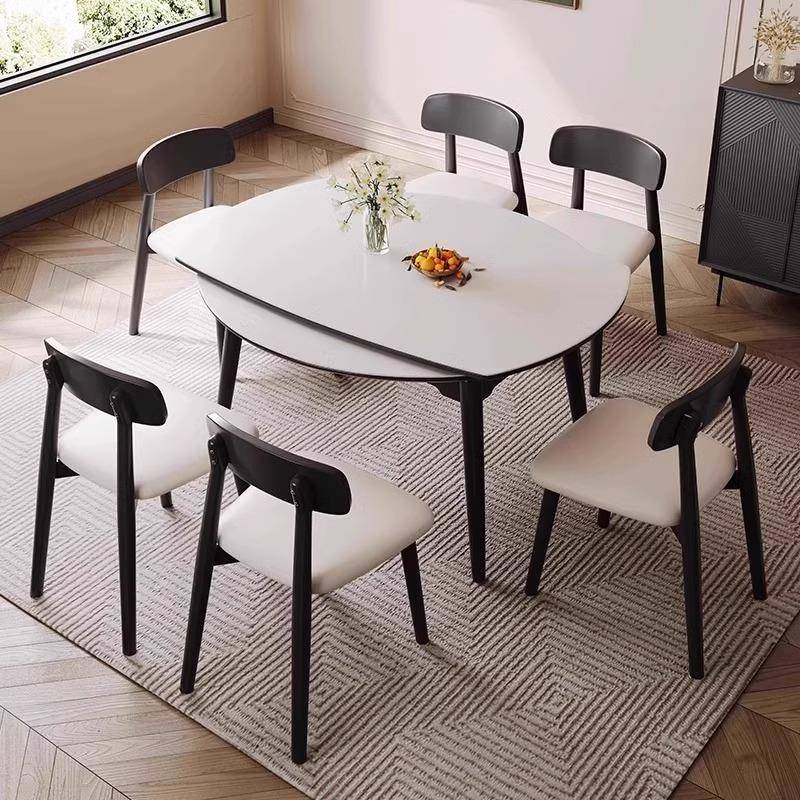 北欧岩板餐桌椅组合现代简约家用中古风伸缩折叠可变圆形实木饭桌