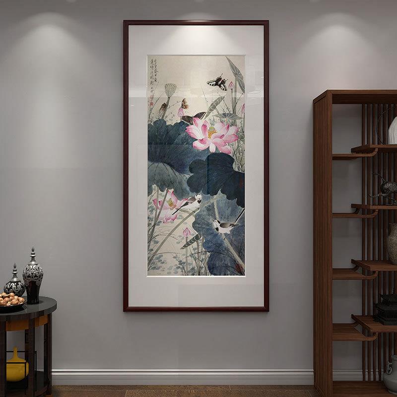 张大千荷花水墨玄关装饰画中国风招财风水走廊画茶室竖版带框挂画