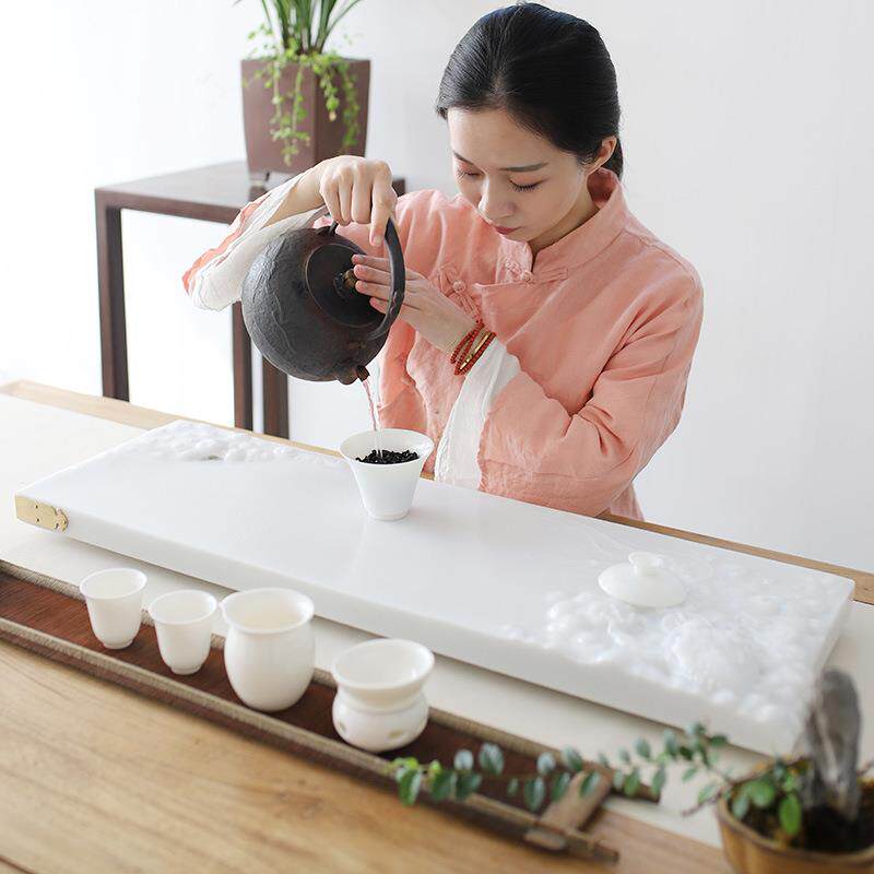 中式高档整块天然汉白玉茶盘石头茶盘收藏家用茶台茶海