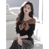 独特漂亮超好看针织上衣黑色撞色一字肩长袖 女装 毛衣 新款 2025春季