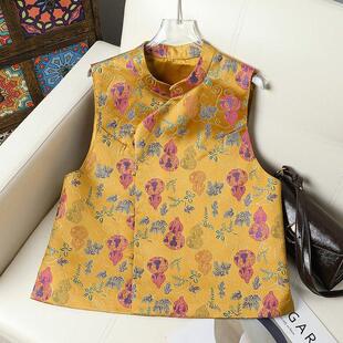 新中式斜襟马甲女款春秋冬重工葫芦提花坎肩复古立领国风马甲