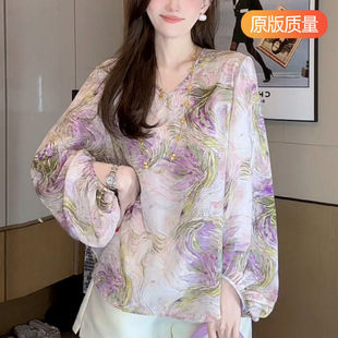 碎花雪纺上衣女士长袖春秋2025新款漂亮小衫妈妈遮肚子宽松v领t恤
