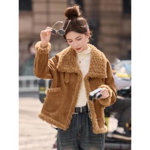 皮毛一体羊羔毛短款外套女冬季今年流行设计感加厚保暖鹿皮绒上衣