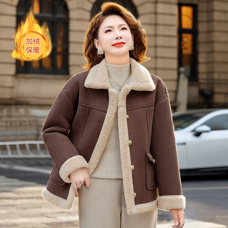 妈妈冬装棉服外套加绒加厚中老年女秋冬季保暖洋气大衣羊羔绒上衣