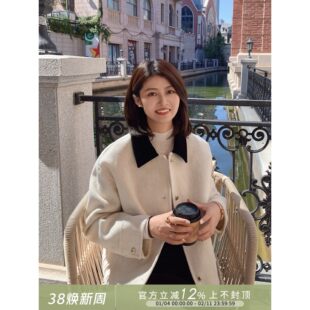 复古风撞色翻领短款羊毛呢外套女单排扣千金风大衣2026春季新款