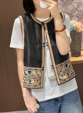 中式民族风重工刺绣真丝桑蚕丝黑色马甲外套女2025秋装香云纱上衣