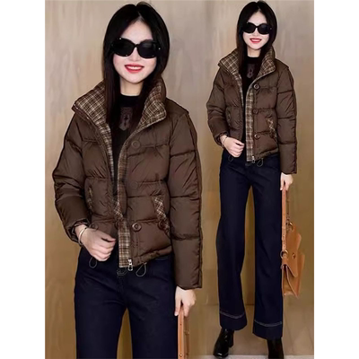 时尚短款格子拼接羽绒棉服