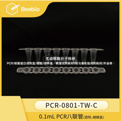 PCR管系列,0.1 mL 薄壁8联PCR管,透明,蝴蝶盖,120条/盒,PCR 8连管