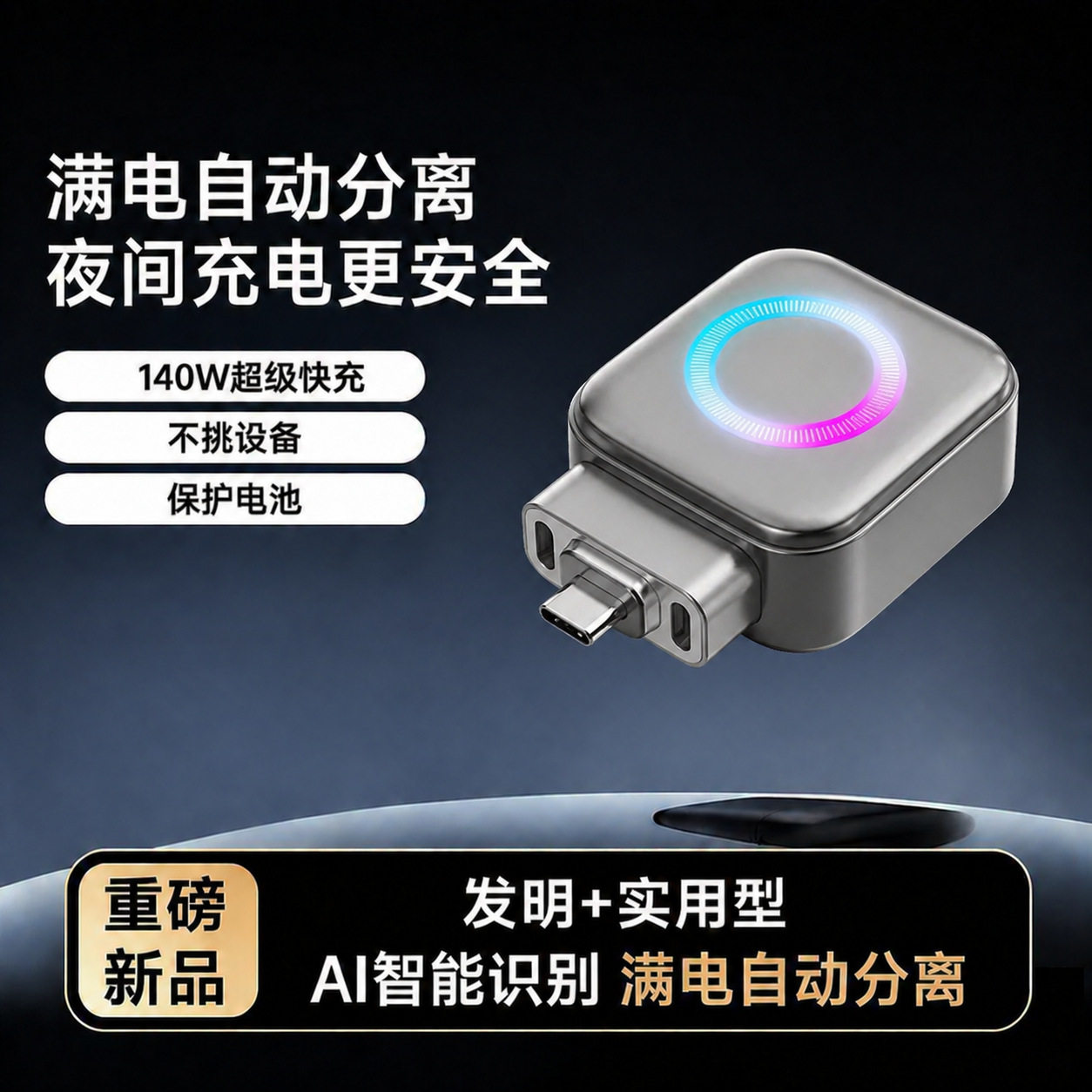 【安全】正品芯片国家补贴2026新款高颜值满电分离器AI智能自动识别断电安全夜充转接插头适用于所有手机快充