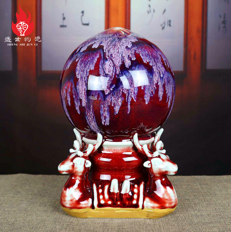 中国钧瓷花瓶中式家居卧室陶瓷器装饰高档送长辈贺寿桃摆件福禄寿