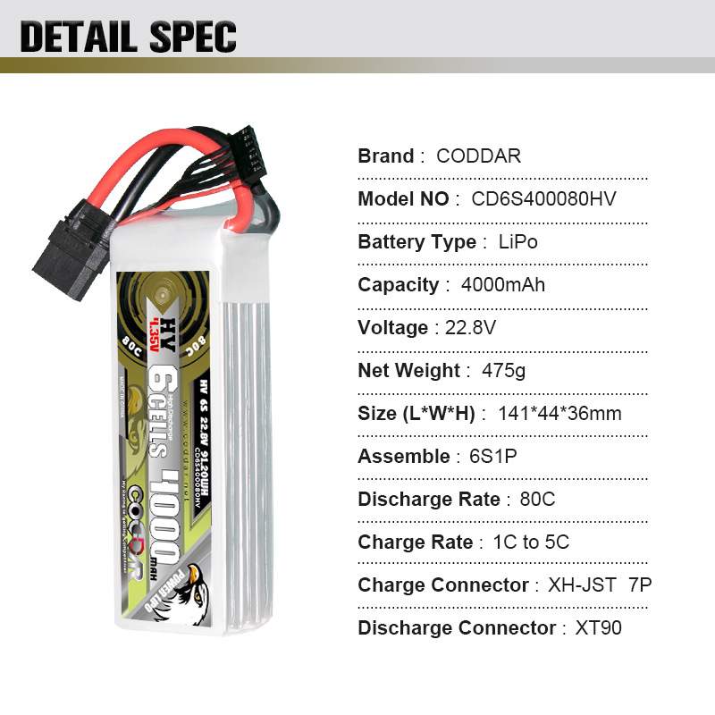 CODDAR鹰氪4000MAH 6S 22.8V 80C航模7寸X8固定翼 涵道直升机LIHV