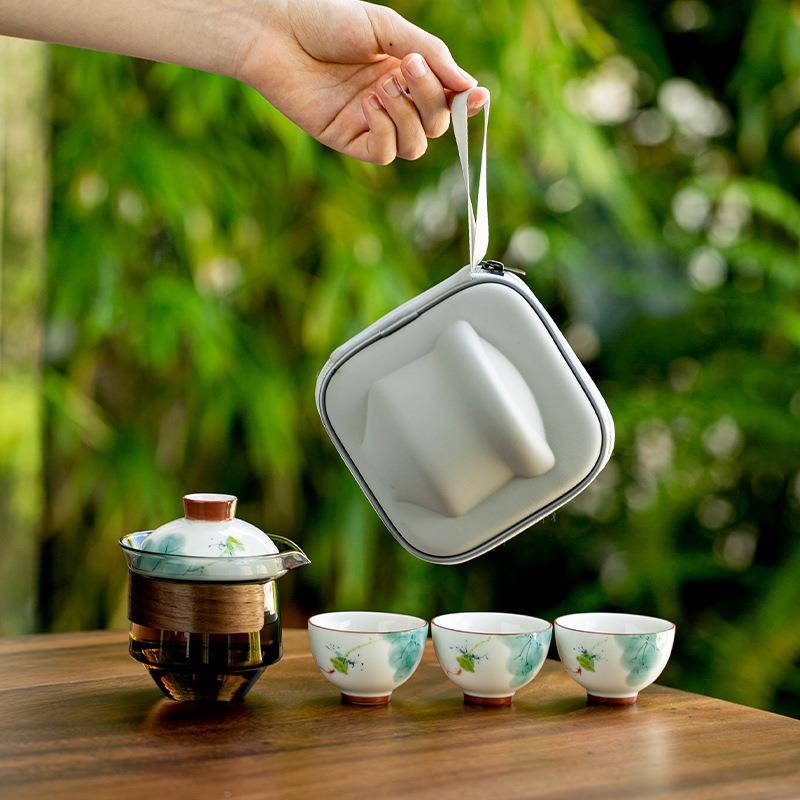 手绘旅行茶具套装快客杯一壶三杯户外便携式收纳包旅游泡茶小套组