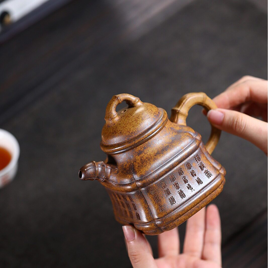 四方竹鼎手工刻字柴烧茶壶宜兴紫砂壶工堂直播供货源头茶具