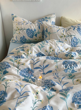 染一抹蓝清新浪漫田园风纯棉四件套蓝色花朵民宿床品1.8m床笠款