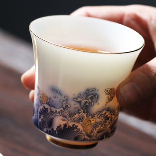 茶具茶杯酒杯陶瓷主人杯茶盏套装羊脂玉高档高级小泡家用功夫青花