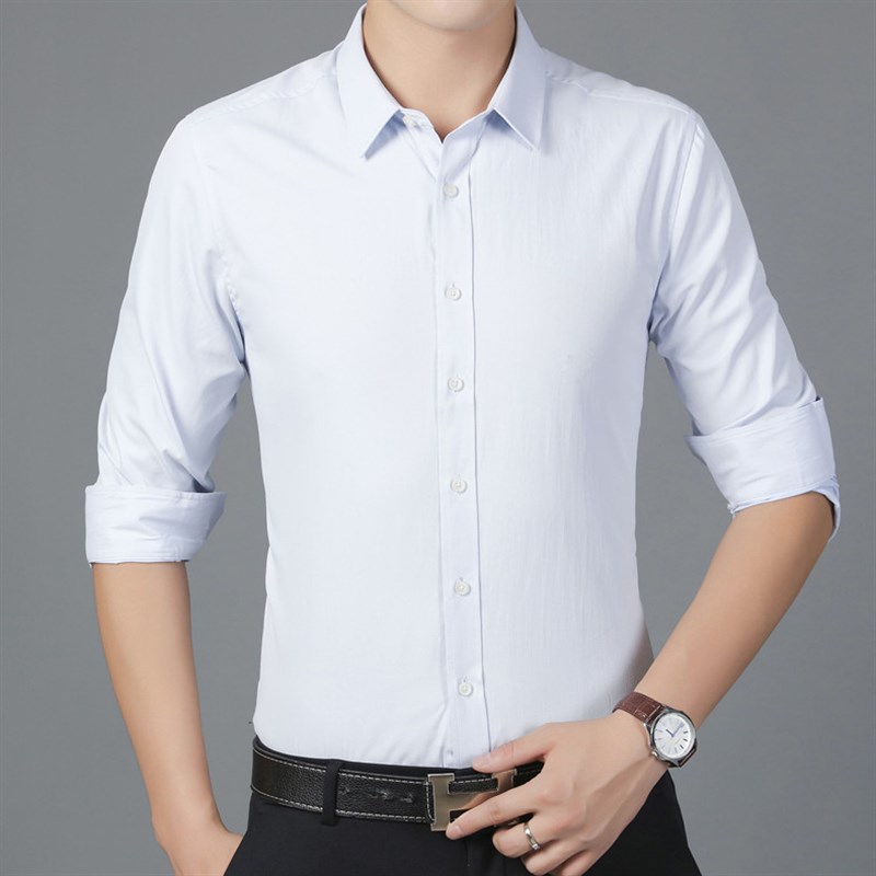 丝光棉纯棉免烫白衬衫男长袖修身商务正装工作服结婚新郎伴郎衬衣
