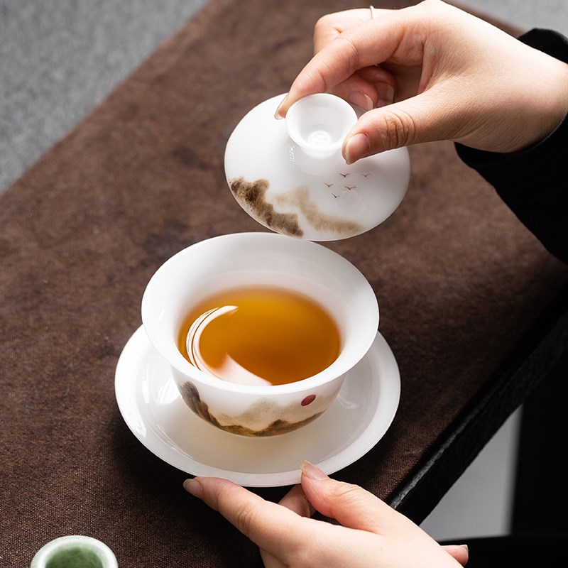 手绘冰种玉瓷三才盖碗单个家用陶瓷大号泡茶碗喝茶杯高端功夫茶具